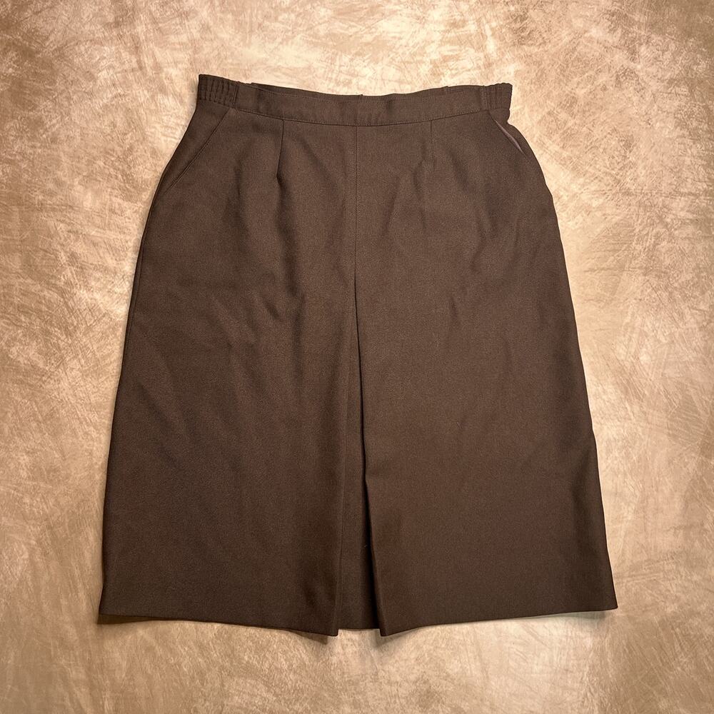 Vintage 70s Sears Perma Prest High Waisted Midi A Line Center Pleat Brown Skirt